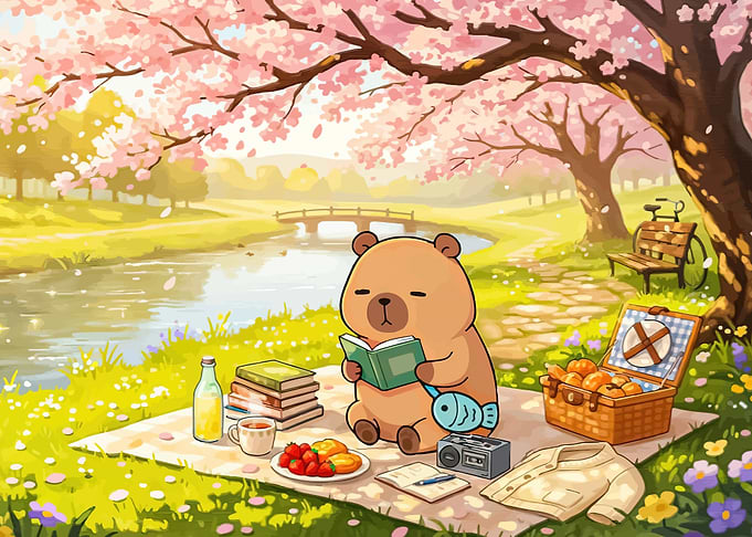 Cute Bear Reading Under Cherry Blossoms