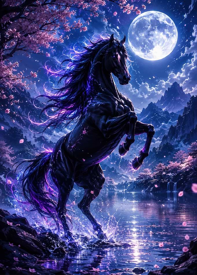 Enchanted Black Horse Under the Moon