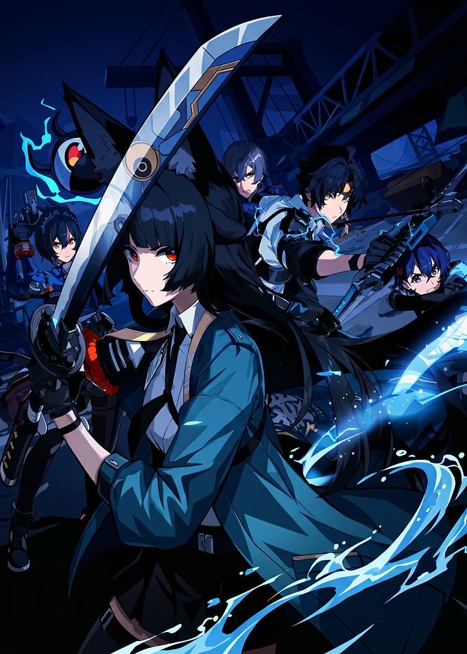 Anime characters with swords and magic