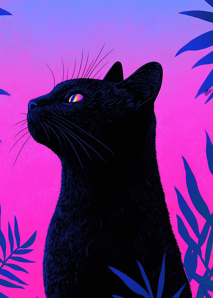 Minimalist Black Cat Neon Pink Silhouette