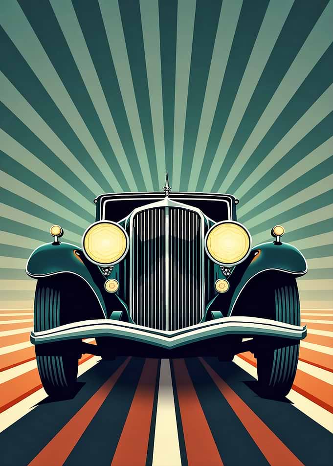 Vintage Car with Sunburst Background