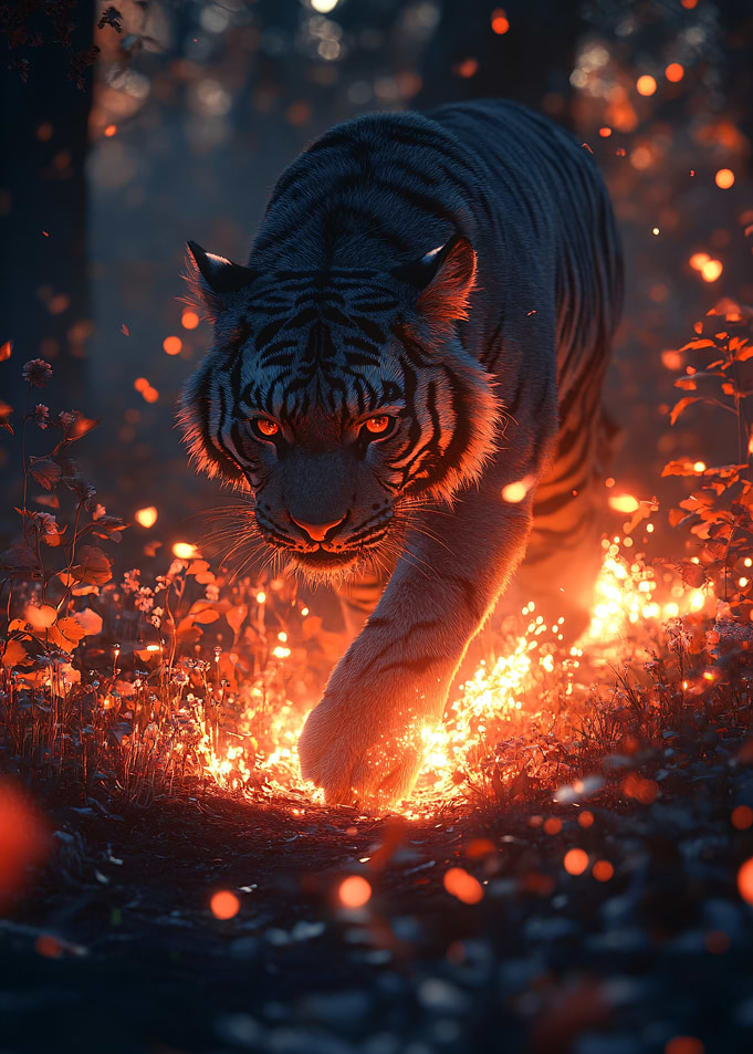 Tiger with glowing eyes in a fiery forest