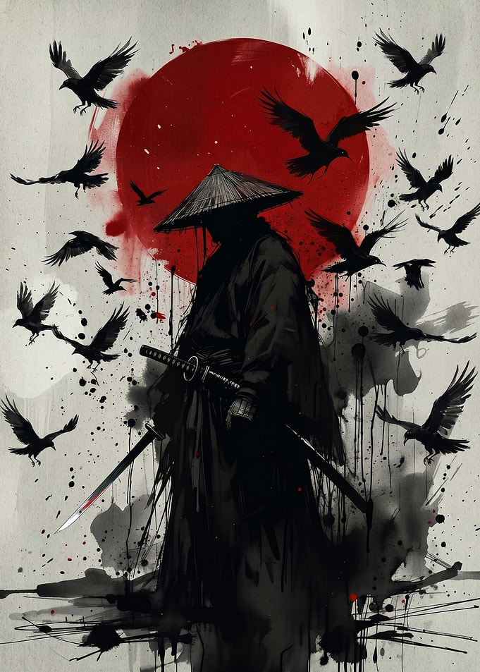 Samurai with Crows and Red Sun