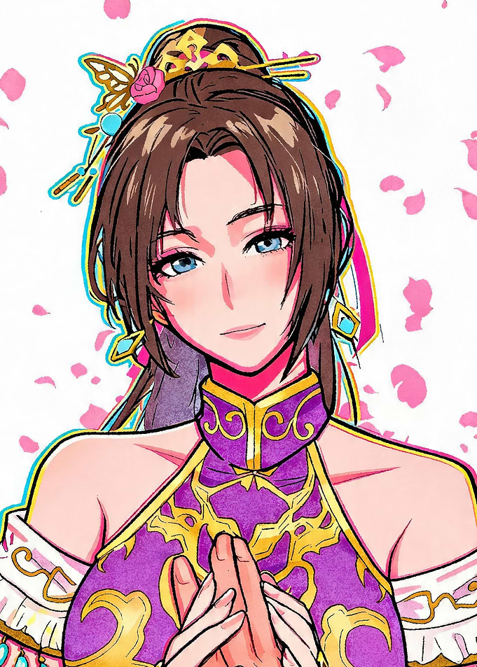 Anime Woman in Purple Dress with Flower Petals