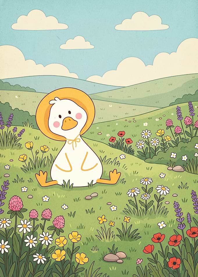 Cute Duck in a Flowery Field