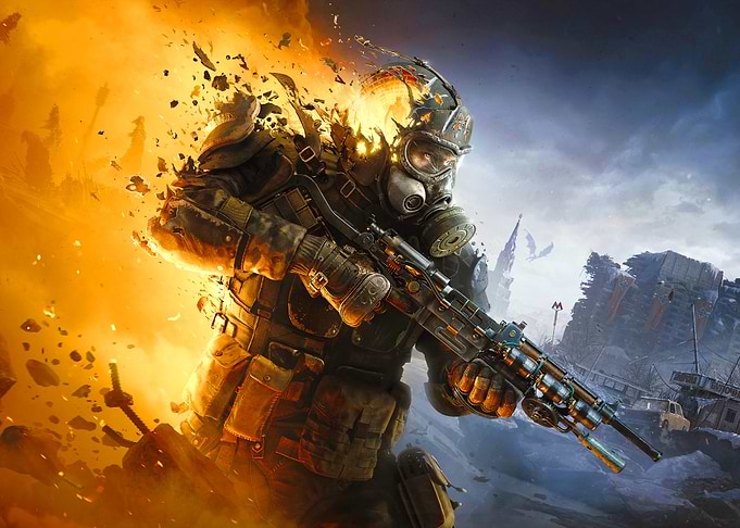 Soldier in gas mask with exploding background