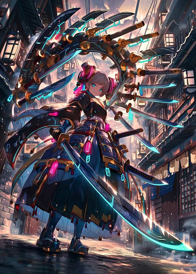 Cyberpunk Samurai Girl with Swords