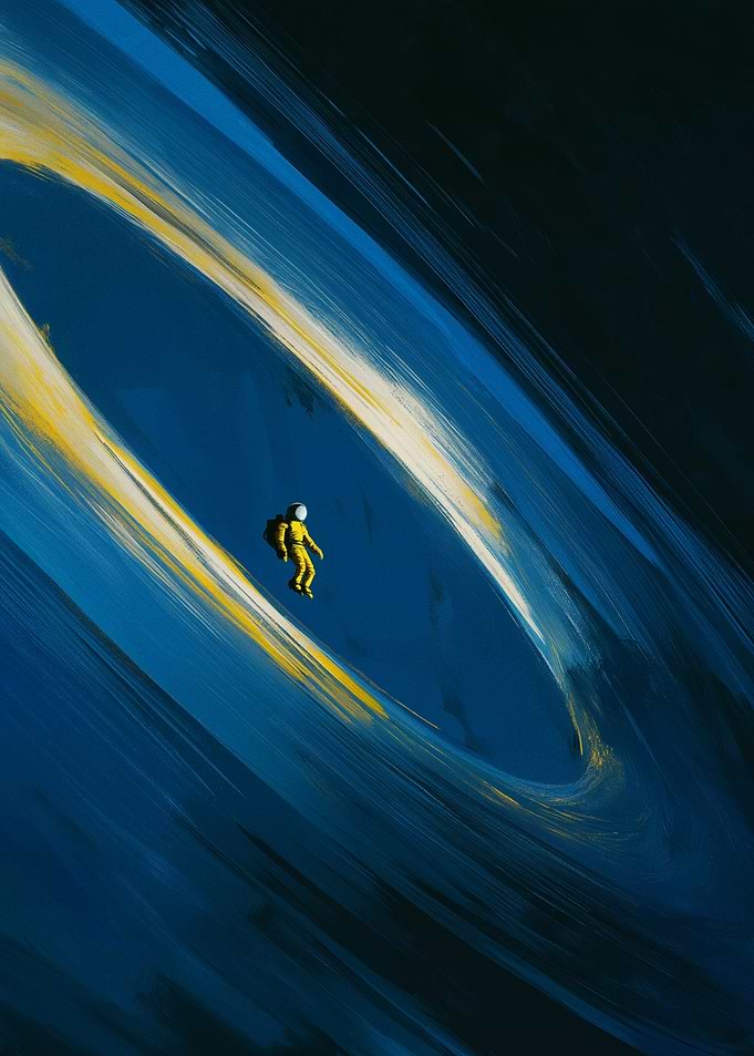 Astronaut in a swirling blue and yellow vortex