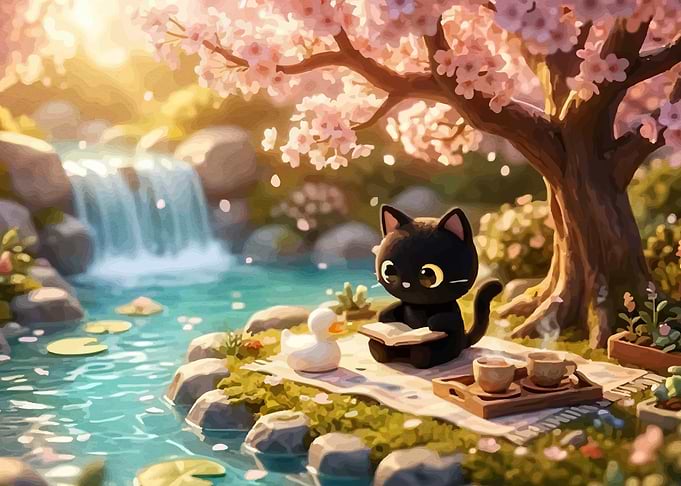 Cute Black Cat Reading by Waterfall