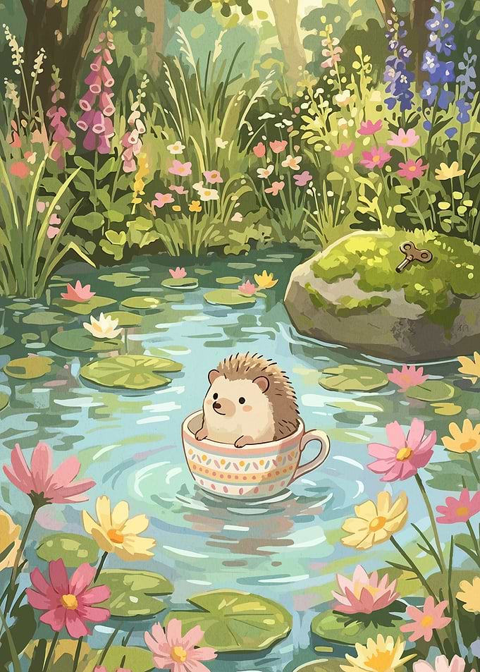 Hedgehog in a teacup on a pond