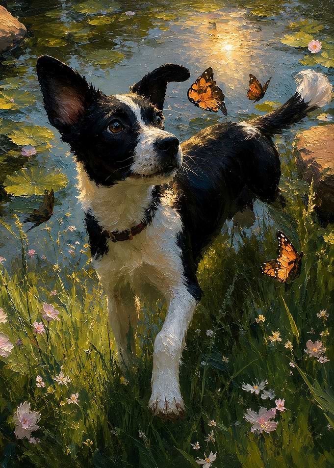 Dog and Butterflies by a Pond