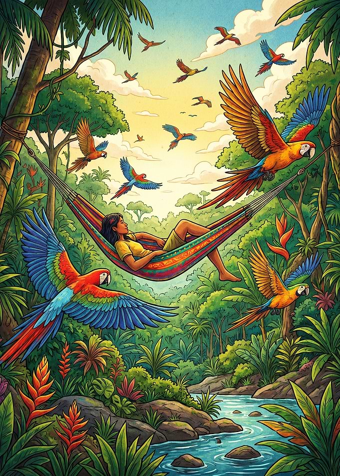 Woman Relaxing in Hammock with Parrots