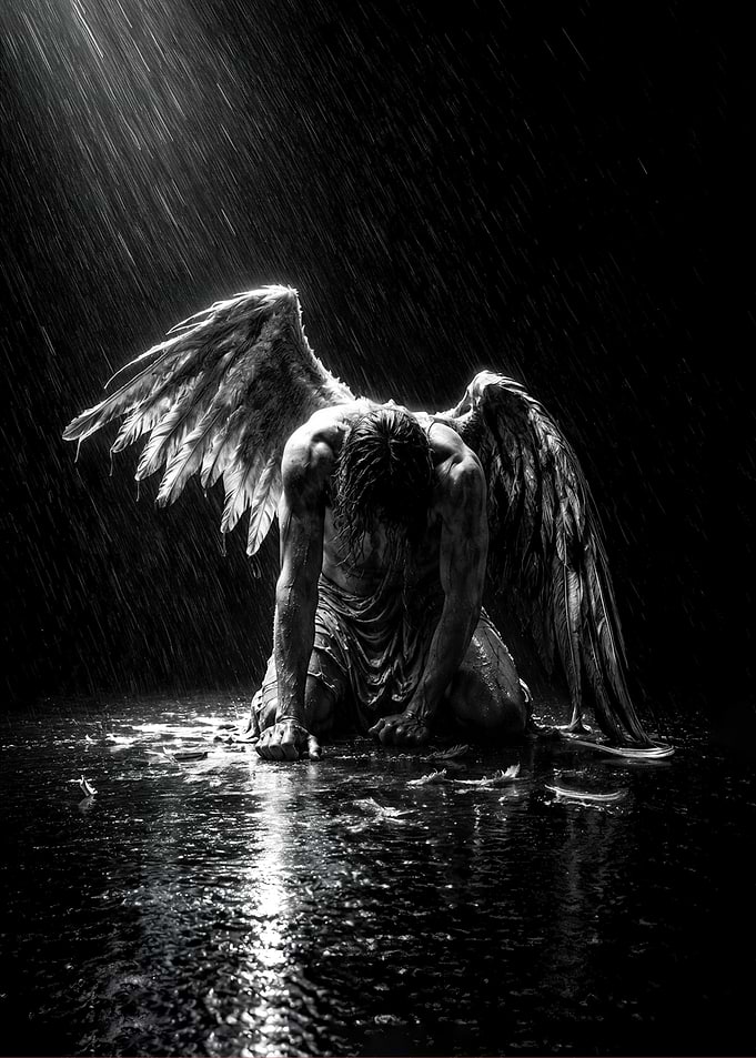 Fallen Angel Kneeling in the Rain Black and White