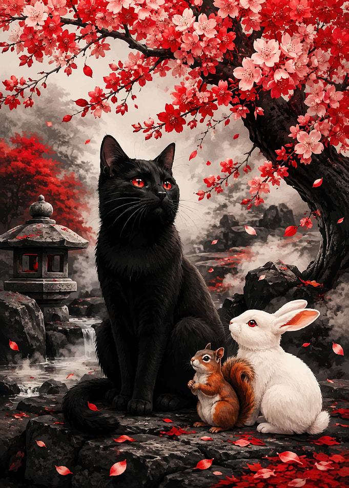 Black Cat, Squirrel, and Rabbit in Cherry Blossoms