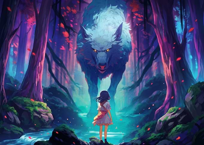 Girl confronts giant wolf in magical forest