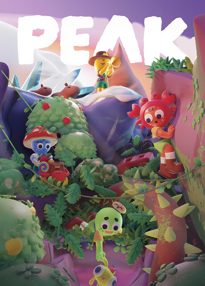 Cute characters climbing a vibrant mountain