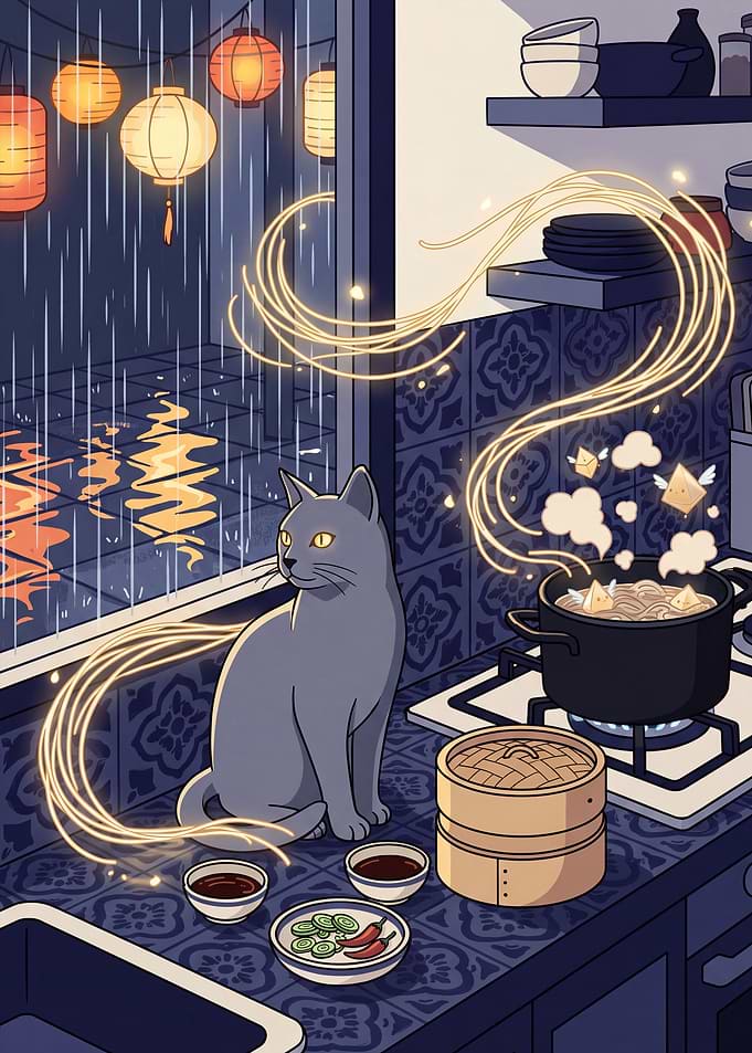 Cat by the Window with Steaming Pot