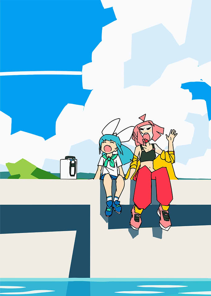 Two girls sitting on a ledge by the water