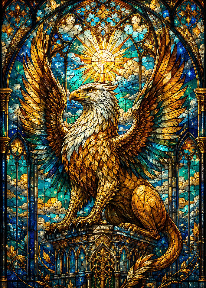 Stained Glass Griffin with Sun