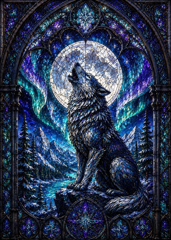 Wolf Howling at the Moon Stained Glass