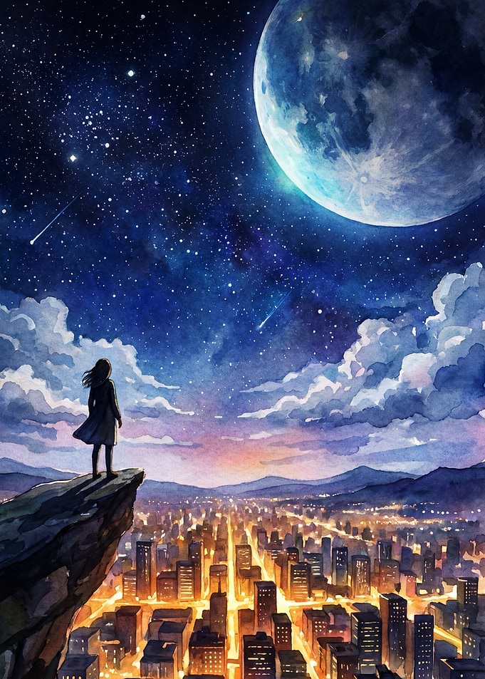 Girl overlooking a city under a starry sky