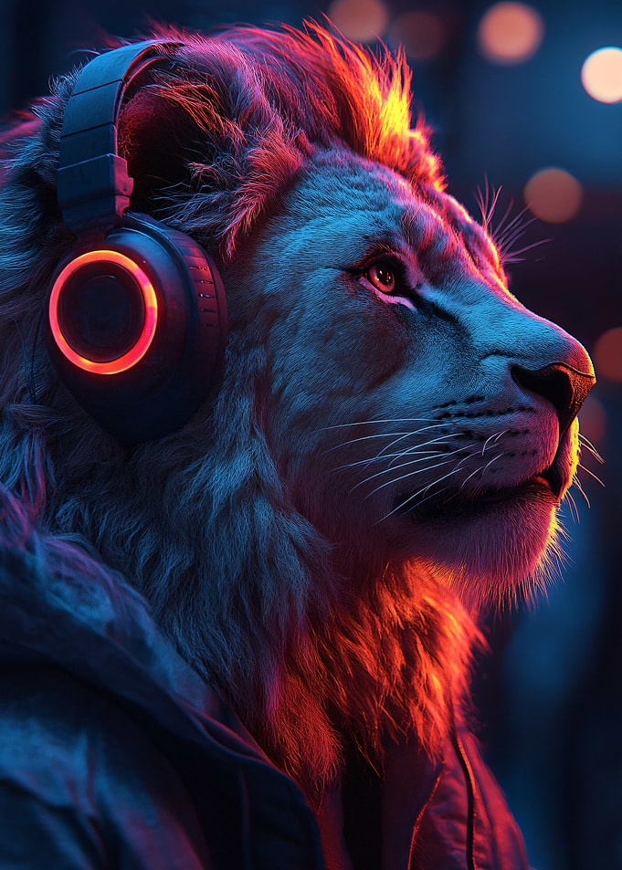 Lion DJ with Neon Headphones