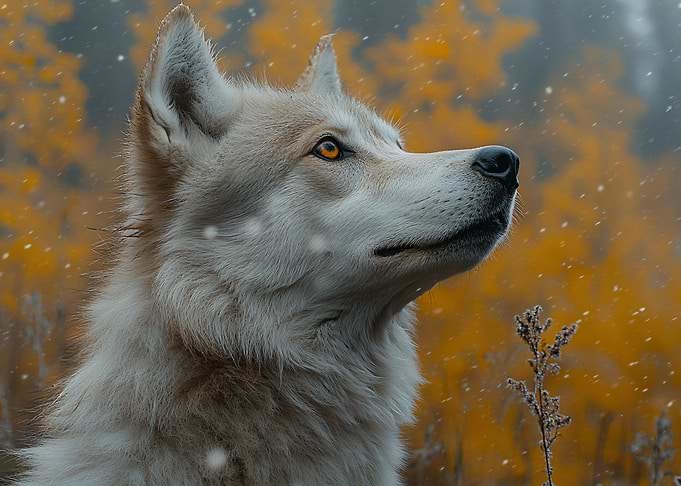 Wolf in a Snowy Autumn Forest