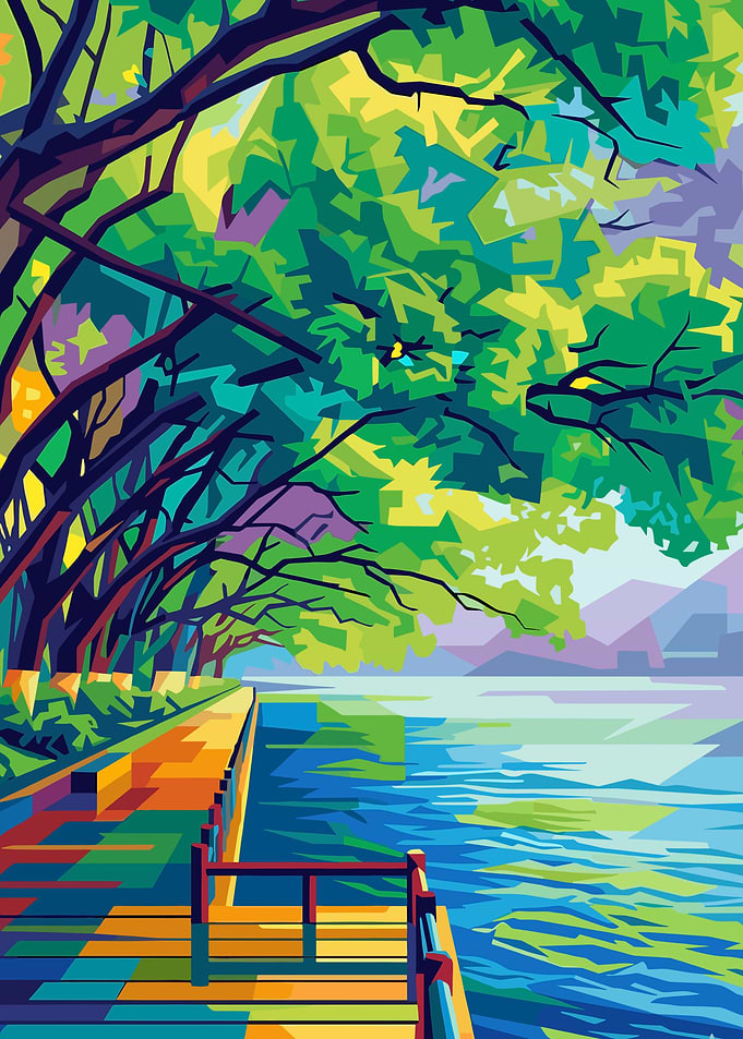 Vibrant Lakeside Boardwalk with Lush Trees