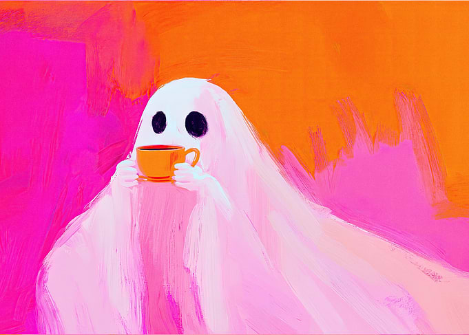Cute Halloween Ghost drinking coffee