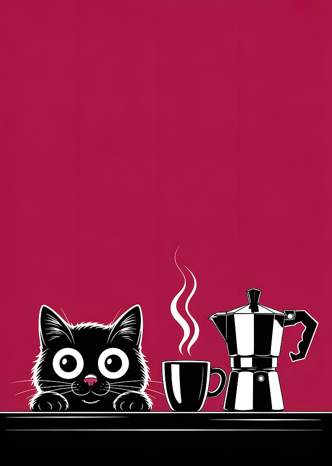 Cute Black Cat with Coffee