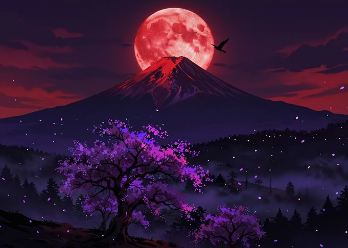 Crimson Moon Over Mount Fuji