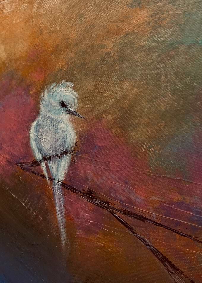 Painting of a white bird on a branch
