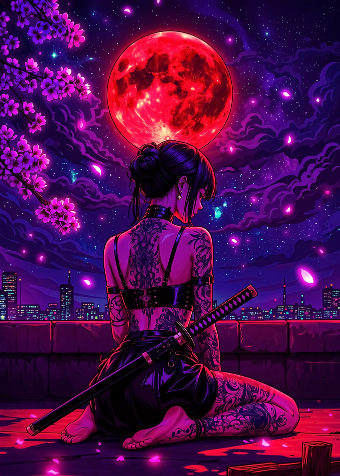 Tattooed Woman Under Red Moon
