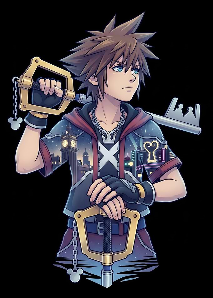 Sora with Keyblade and Cityscape