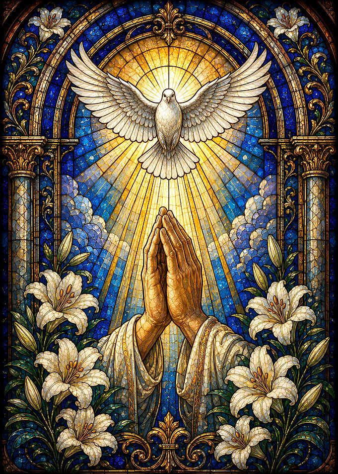 Stained Glass Dove and Praying Hands