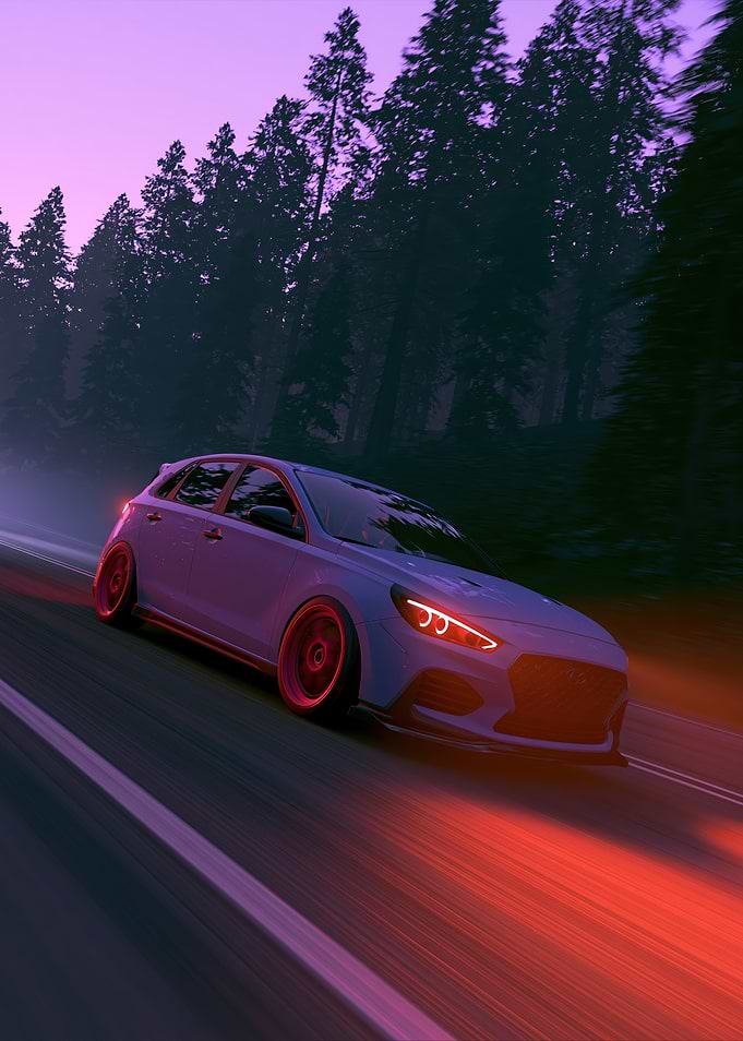 Car Driving Through Forest at Dusk