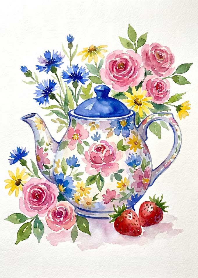 Floral Teapot with Strawberries and Flowers