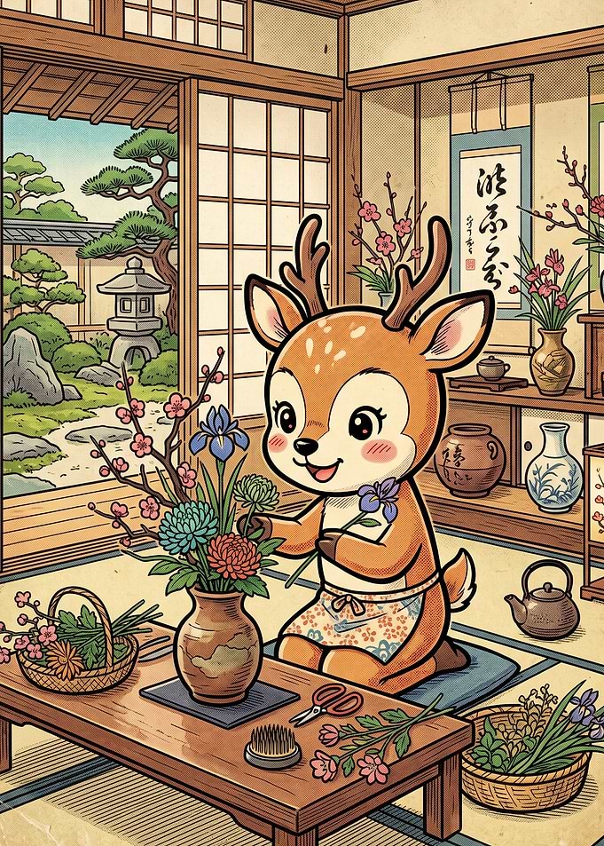 Cute Deer Arranging Flowers in Japanese Garden