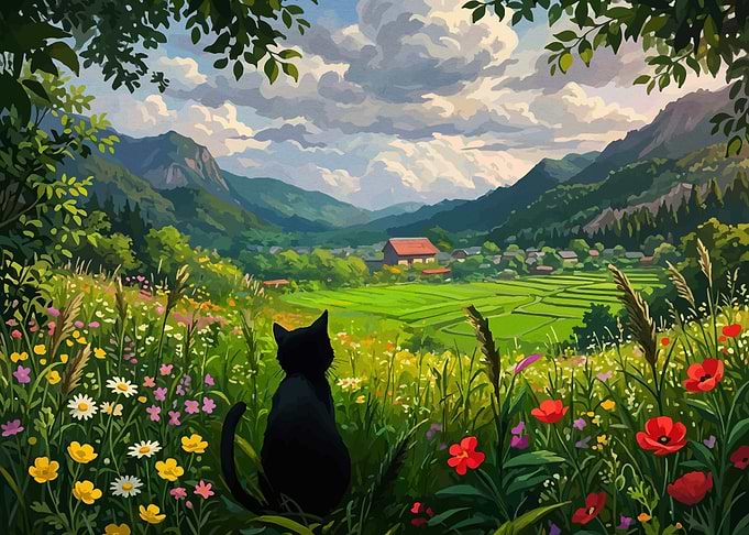 Black cat in a field of flowers overlooking a valley