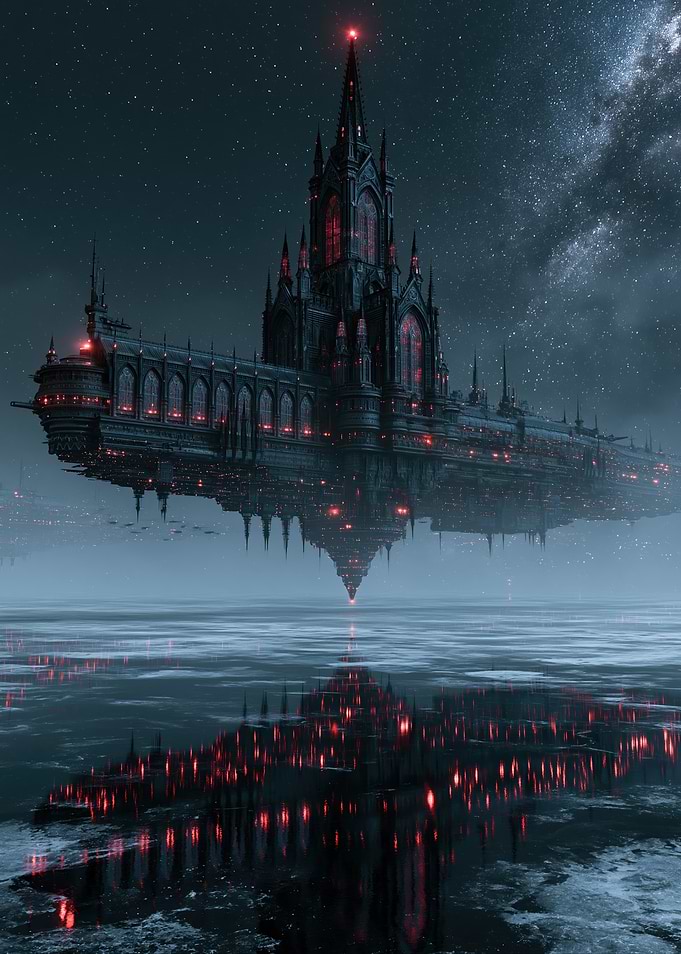Gothic Spaceship over Reflective Water