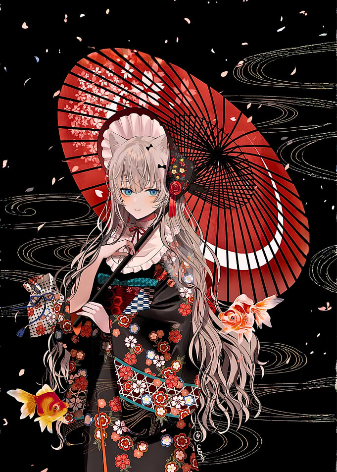 Anime Girl in Kimono with Umbrella and Goldfish