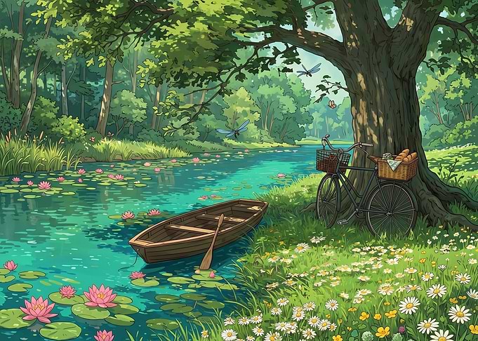 Tranquil Riverside Picnic Scene