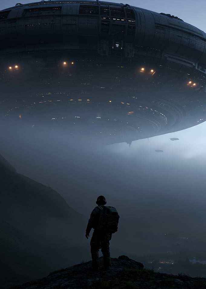 Alien Ship over Misty Mountains