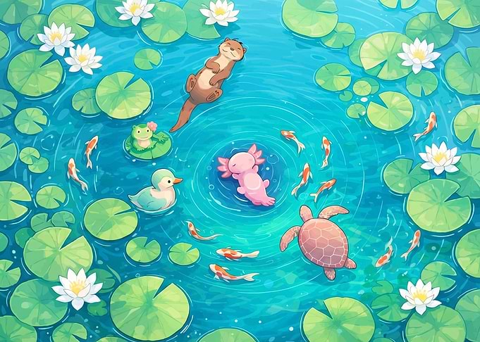 Cute Animals Relaxing in a Lily Pond