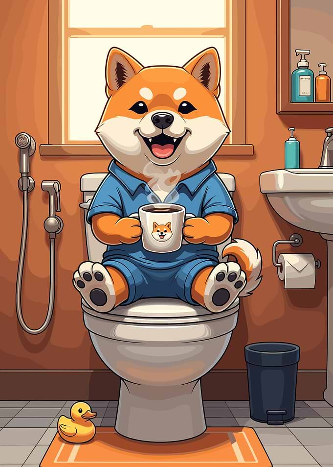 Shiba Inu Dog on Toilet with Coffee