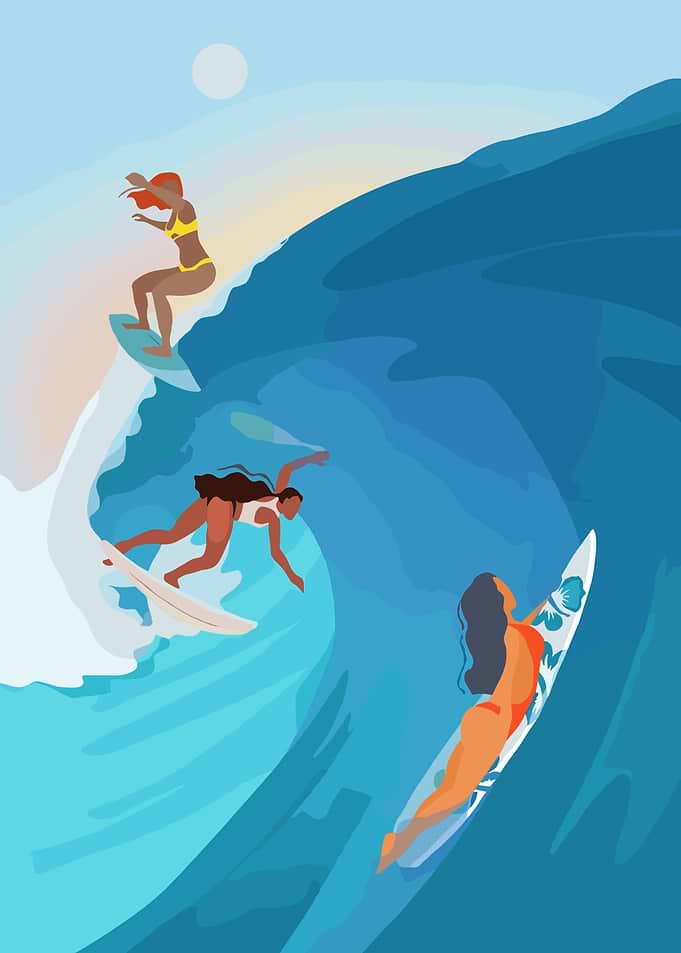 Surfers riding a large wave