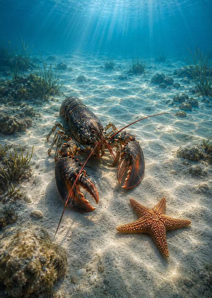 Lobster and Starfish Underwater