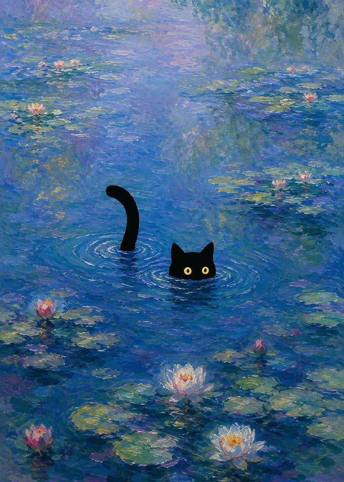 Black Cat in Monet's Water Lilies