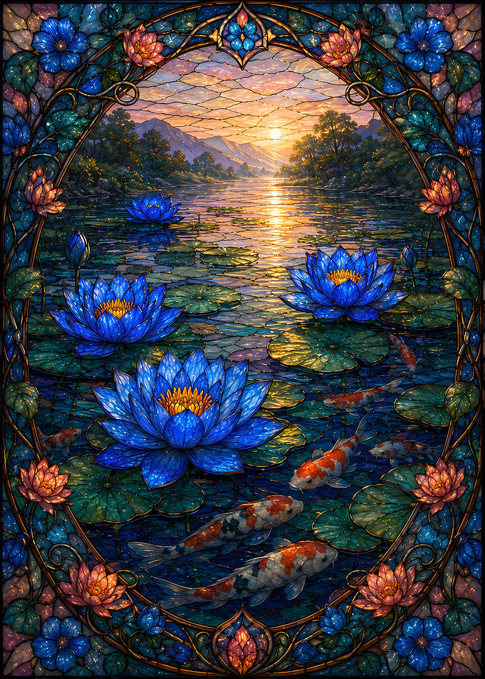 Stained Glass Koi Pond with Water Lilies