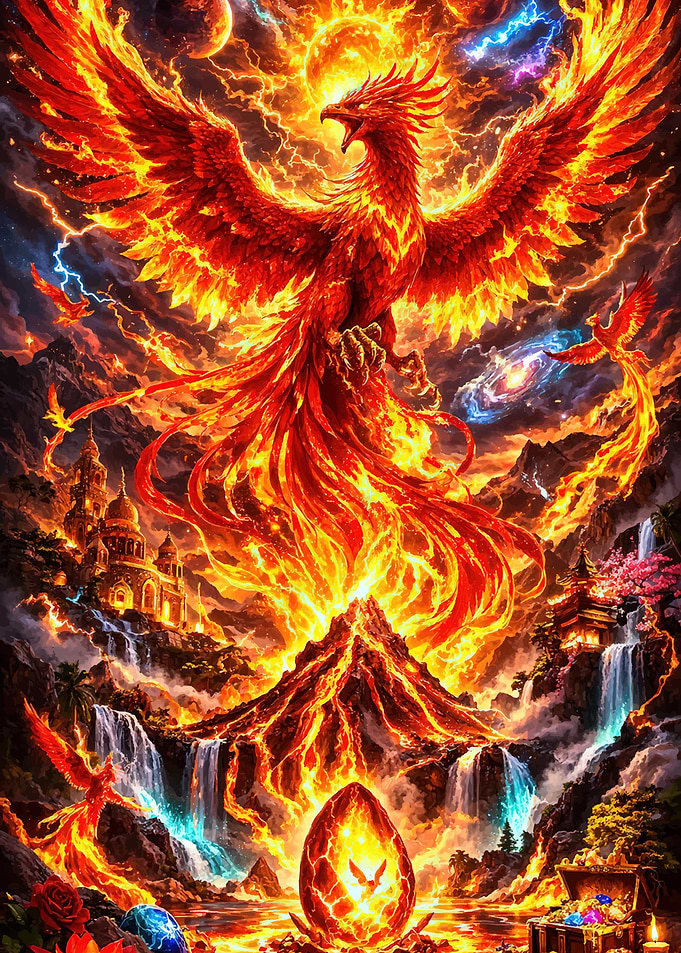 Phoenix Rising from Volcano